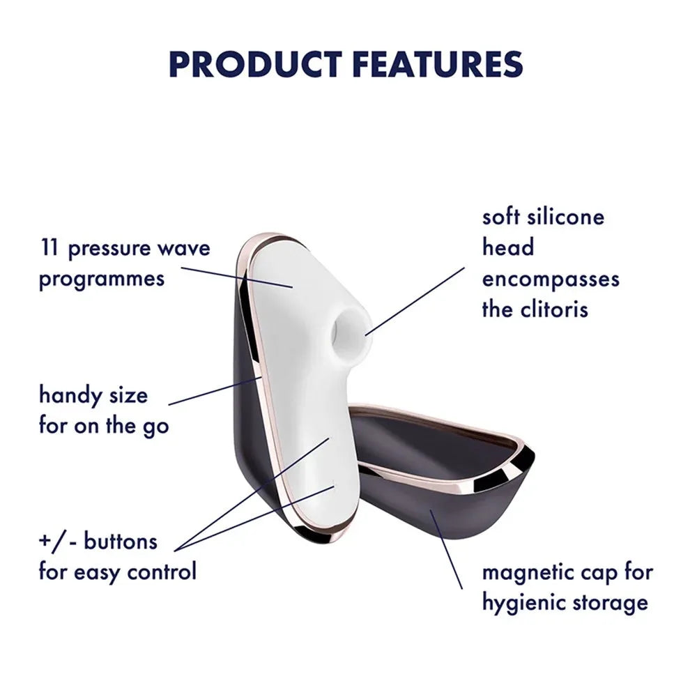 Stimulateur clitoridien compact, silicone doux, 11 modes, format voyage, couvercle magnétique hygiénique.