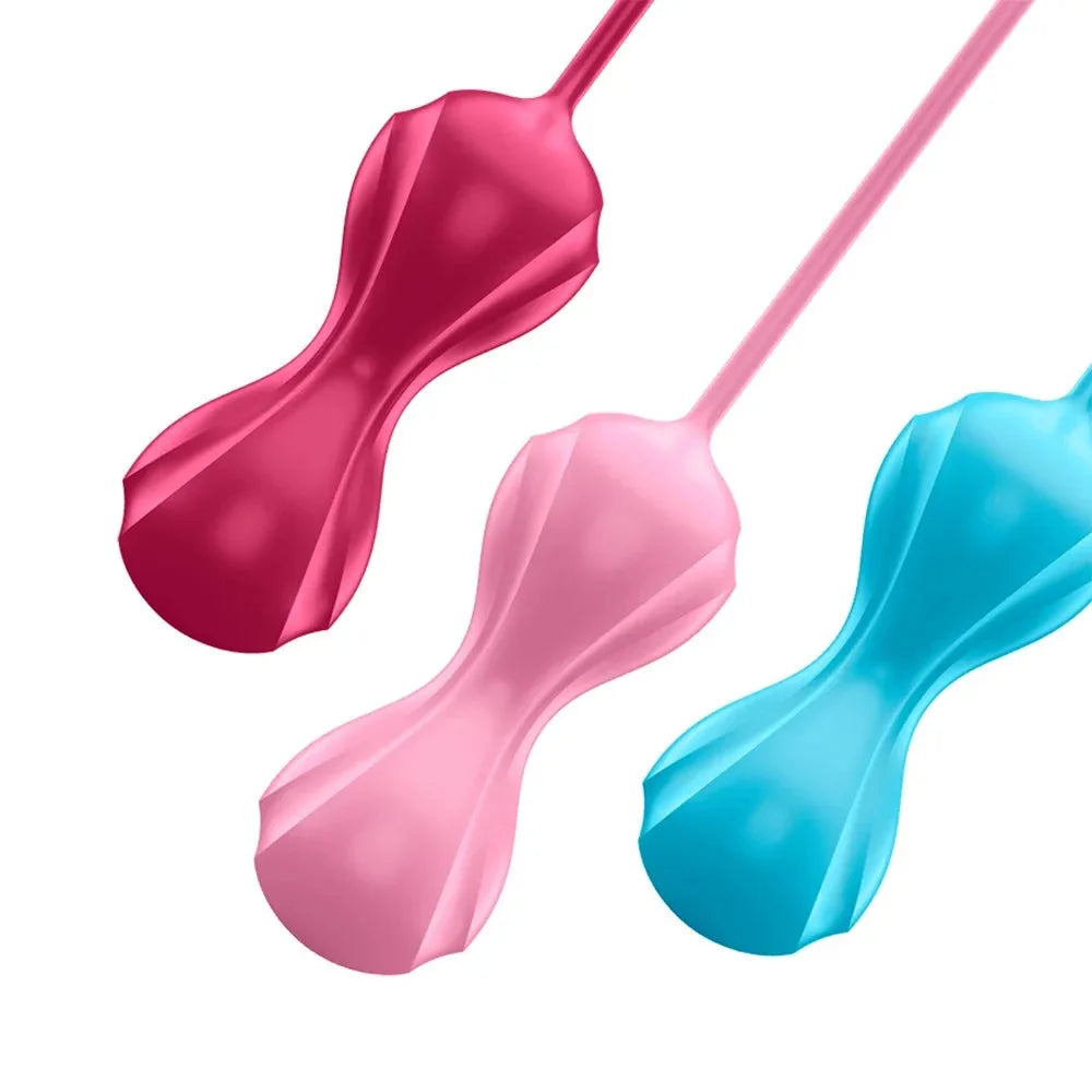 Set de 3 boules de geisha vibrantes en silicone, couleurs rose, rouge et bleu, pour exercices intimes et bien-être féminin.