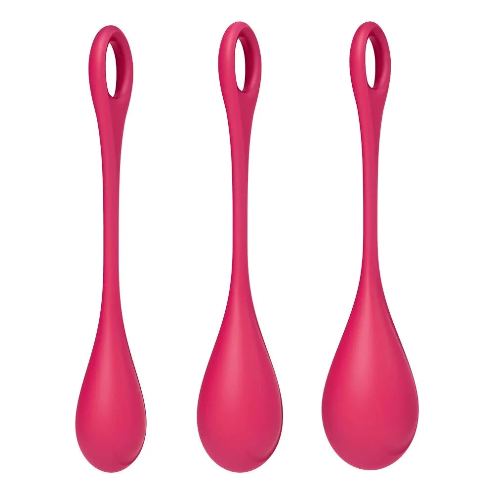 Set de 3 boules de geisha rouges pour exercices de Kegel, en silicone doux et ergonomiques.