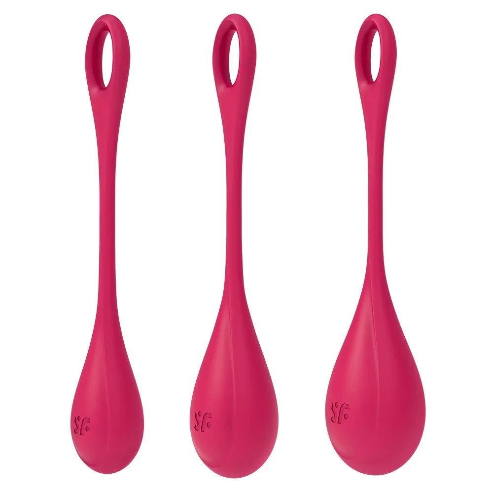 Set de 3 boules de geisha rouges en silicone pour tonification pelvienne, idéales pour renforcement intime et bien-être féminin.