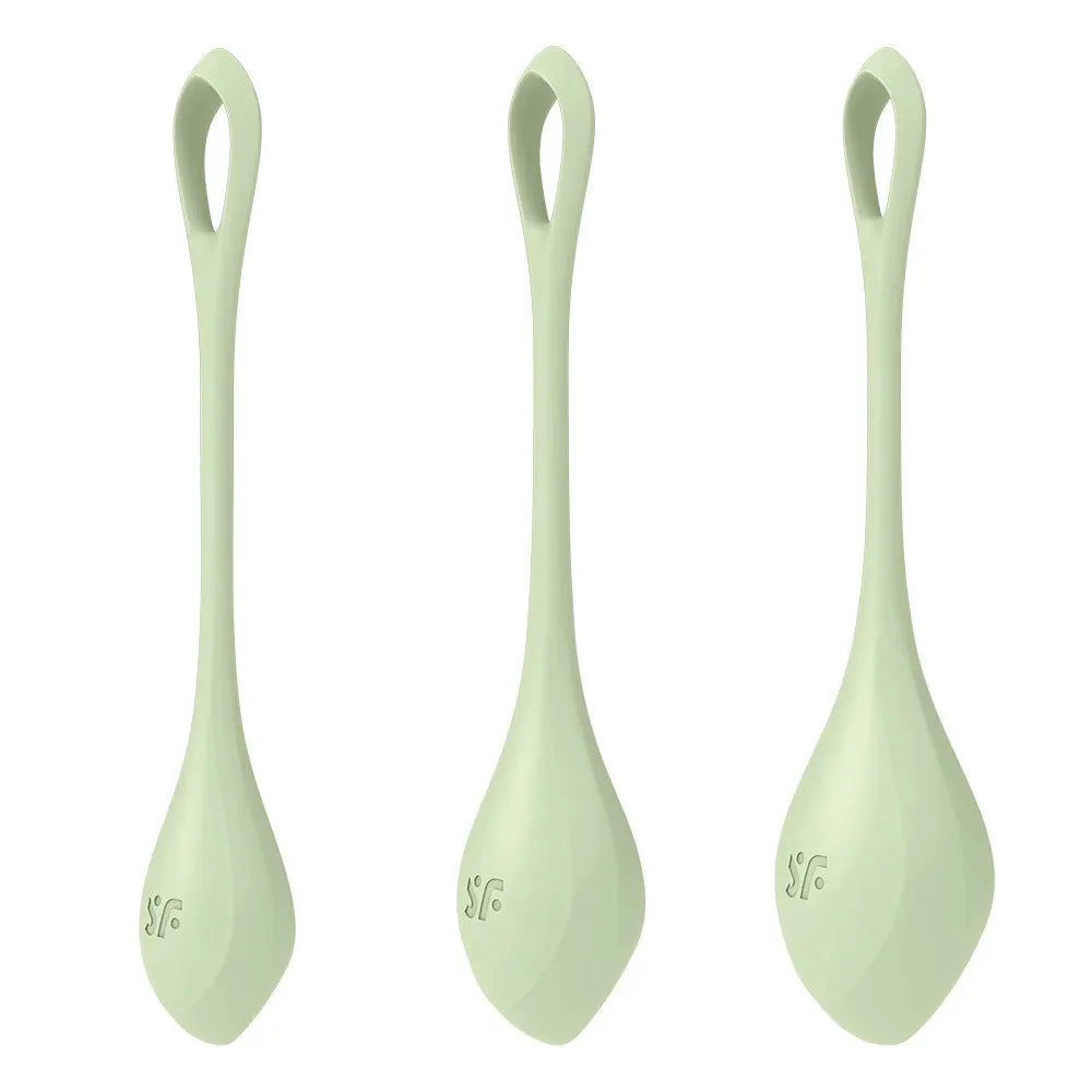 Set de 3 boules de geisha vert pastel en silicone, pour renforcement du plancher pelvien et plaisir intime féminin.