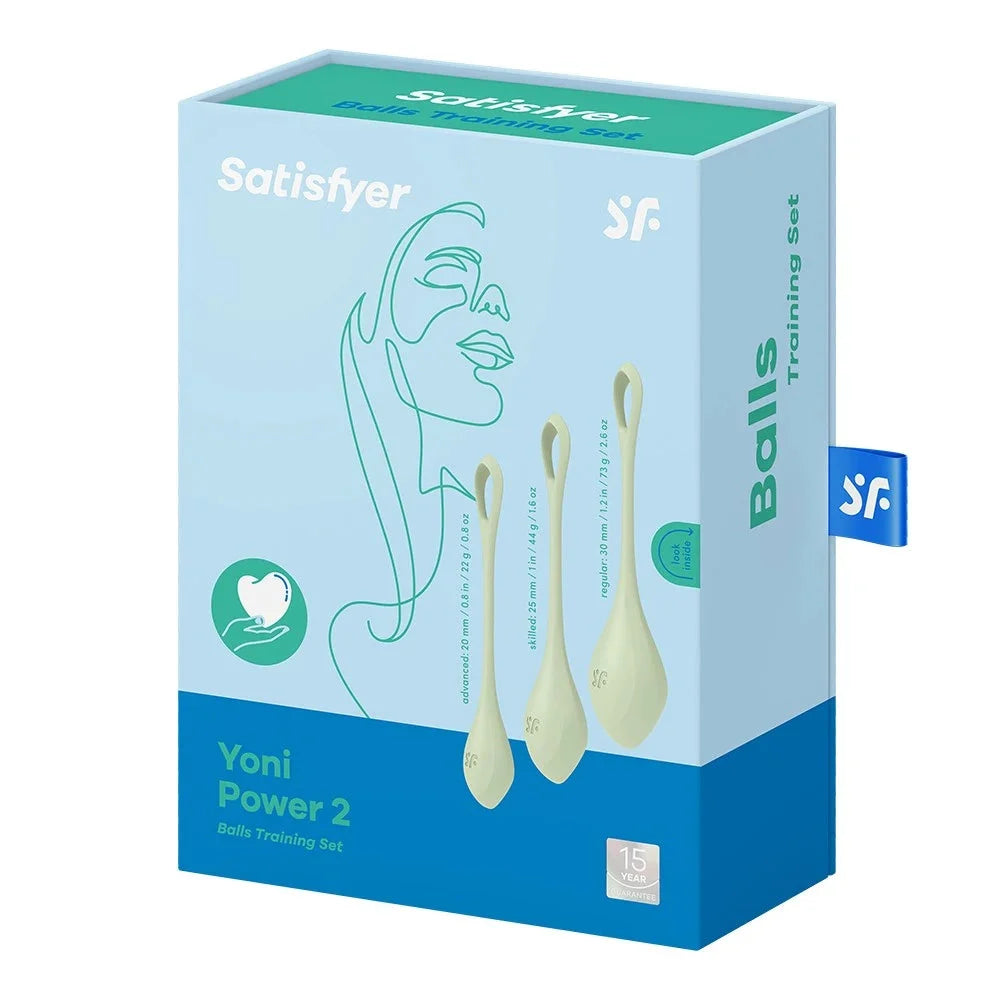 Set de 3 boules de Geisha vert pastel, Satisfyer Yoni Power 2, renforcement musculaire intime, bien-être féminin.
