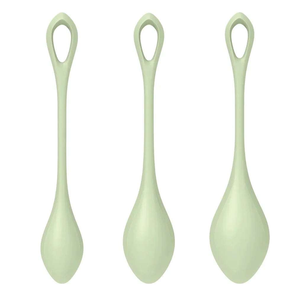 Set de 3 boules de Geisha en silicone vert pastel, idéal pour le renforcement du plancher pelvien.