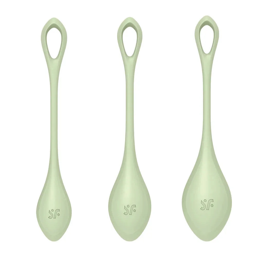 Ensemble de boules de geisha pastel vert en silicone doux, pour musculation intime et bien-être.