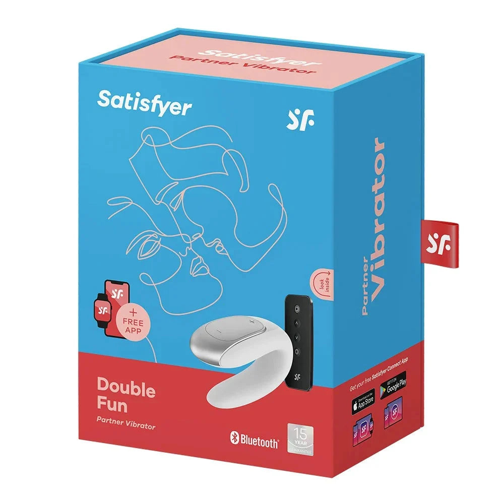 Vibromasseur connecté pour couple Satisfyer Double Fun, blanc, Bluetooth et contrôlable via application, expérience intime enrichie.
