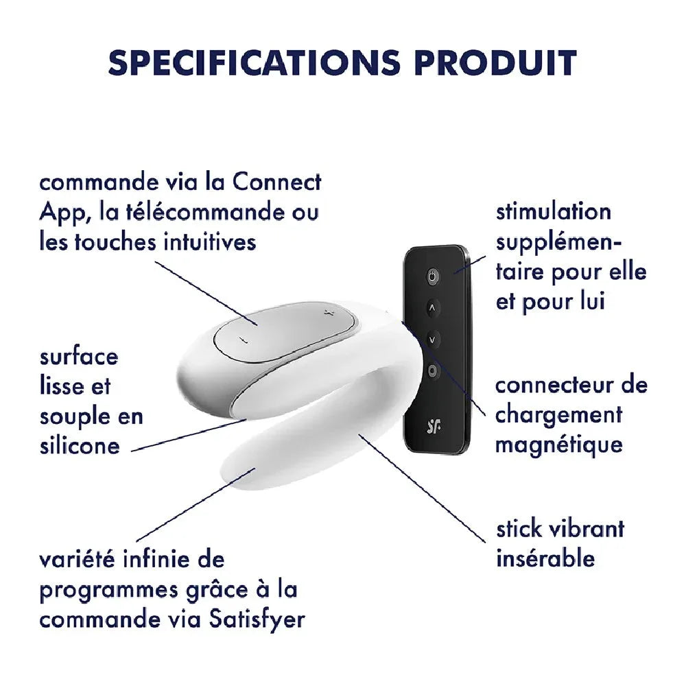 Vibromasseur double fun en silicone blanc, contrôle via app, pour couple. Stimulation personnalisée et chargement magnétique.