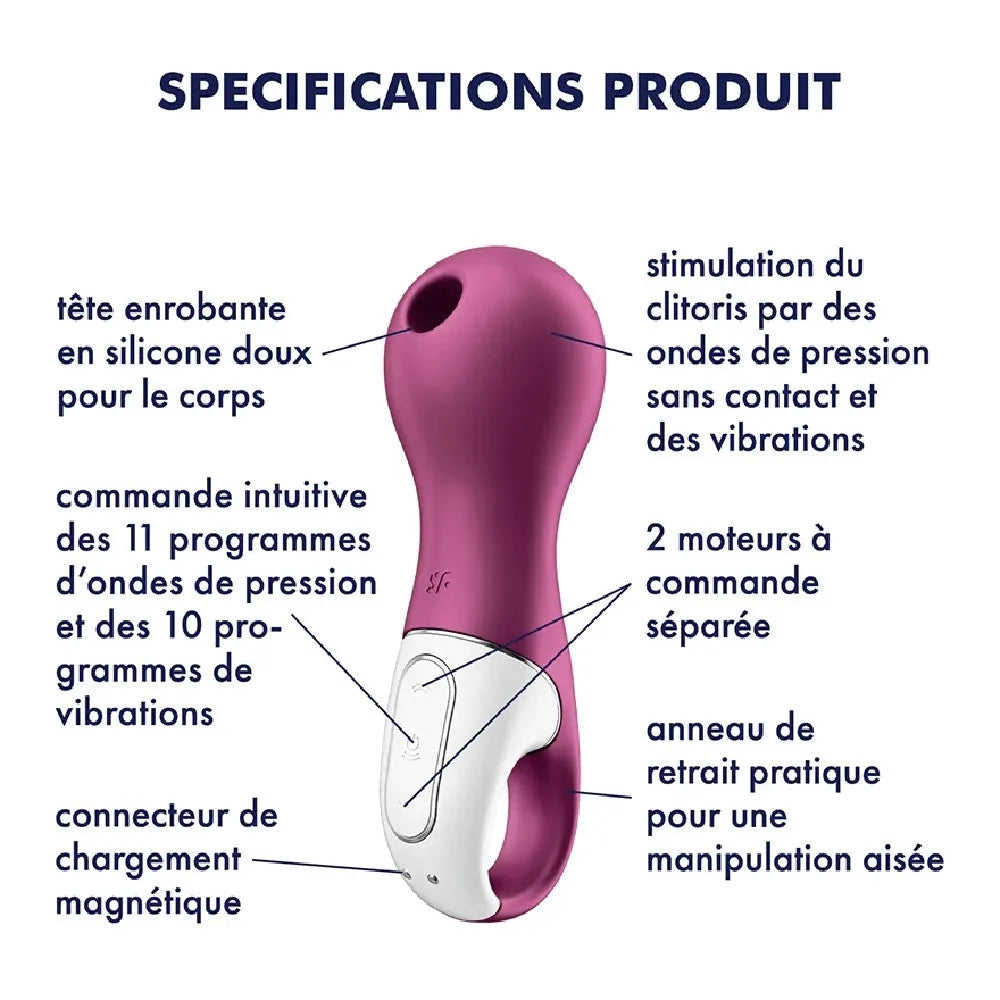 Stimulateur clitoridien en silicone avec ondes de pression, 11 programmes, double moteur, idéal pour plaisir sans contact.