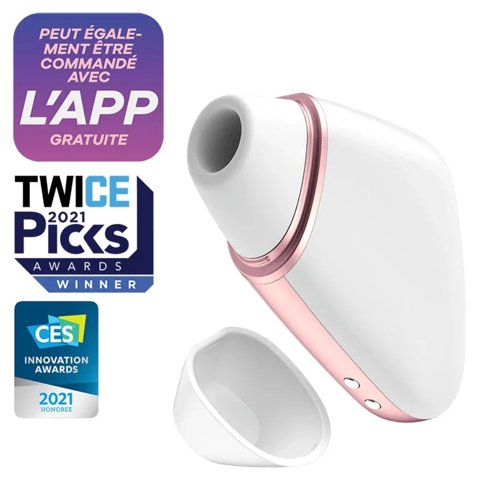 Stimulateur intime blanc connecté élégant, primé, avec accents rose doré. Compatible application mobile pour plus de plaisir.