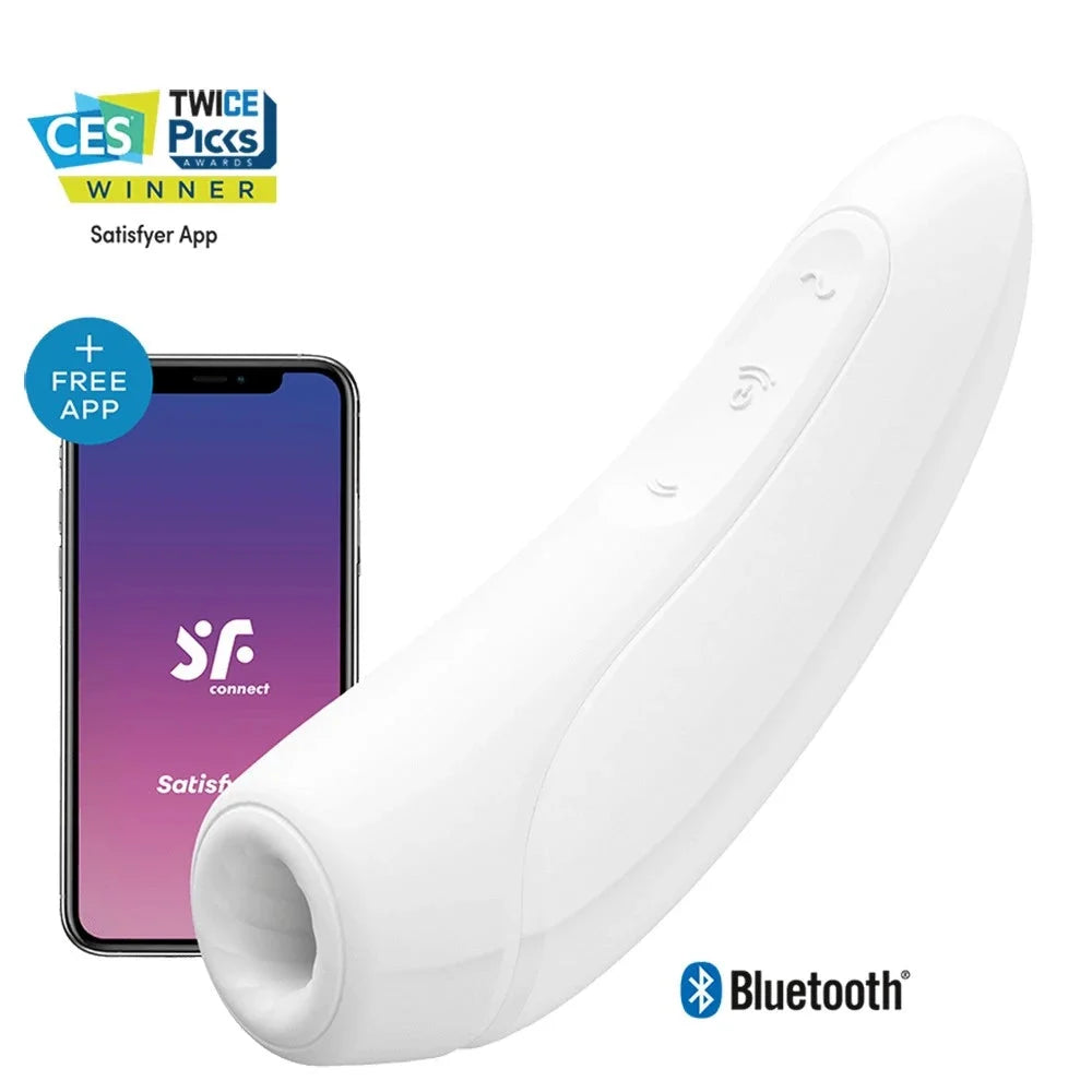 Stimulateur clitoridien blanc connecté Bluetooth avec application, design ergonomique pour plaisir intense et personnalisé.