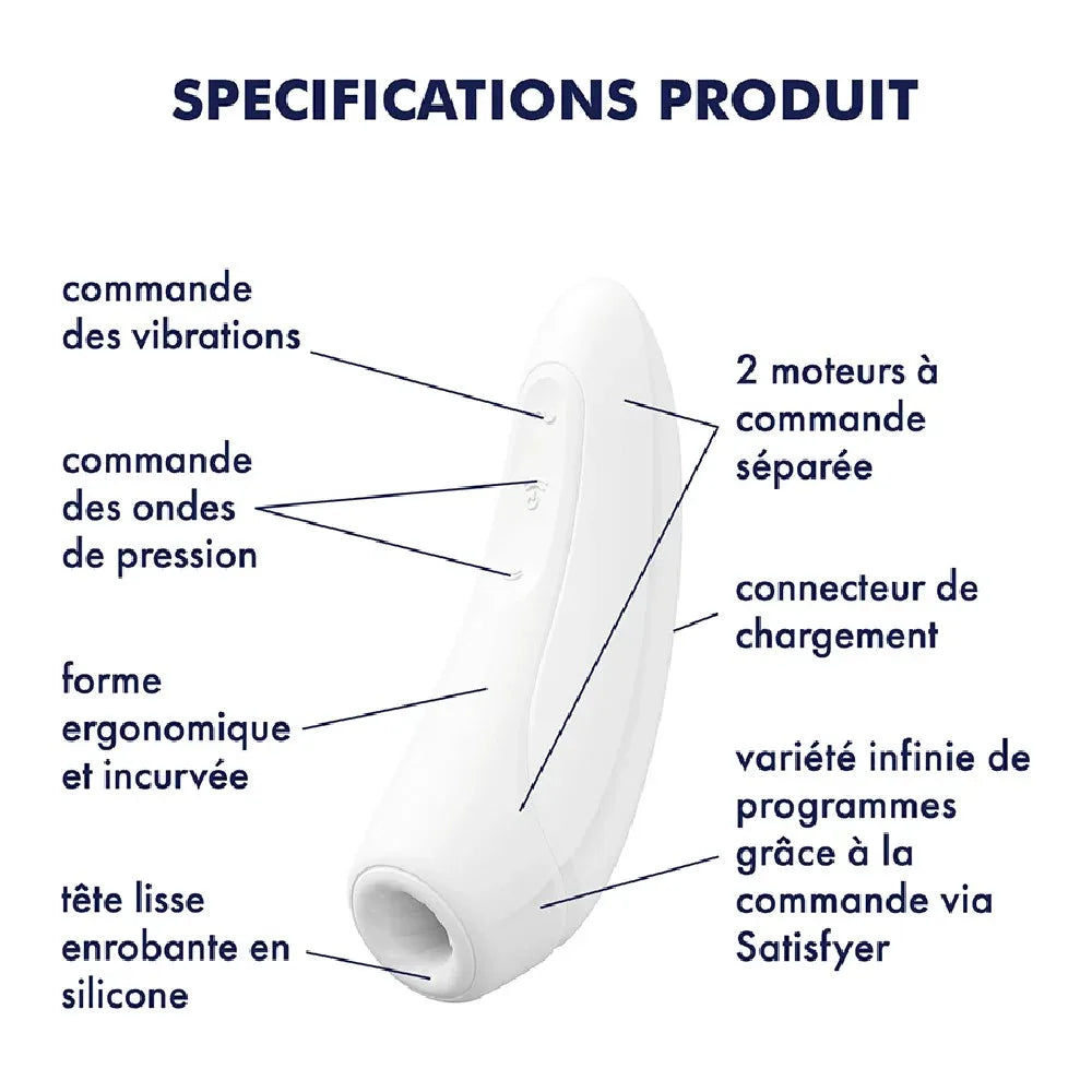 Stimulateur clitoridien blanc en silicone avec commande de vibrations, design ergonomique courbé et connectivité Satisfyer.