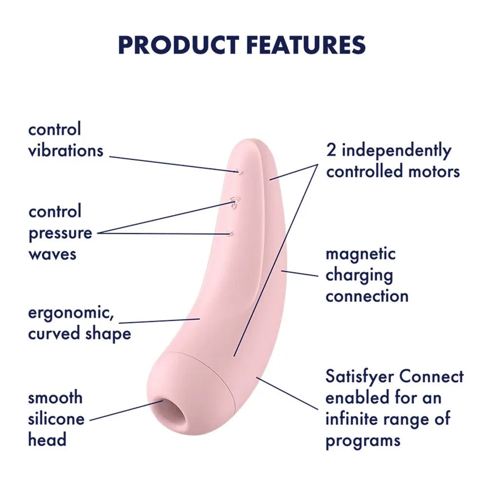 Stimulateur clitoridien rose ergonomique, connectivité Bluetooth, silicone doux, contrôle vibrations et ondes de pression.