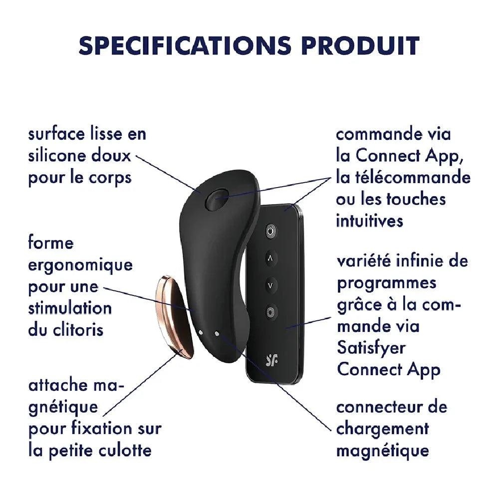 Stimulateur clitoridien connecté en silicone noir avec télécommande intuitive, ergonomique et aimant pour fixation culotte.