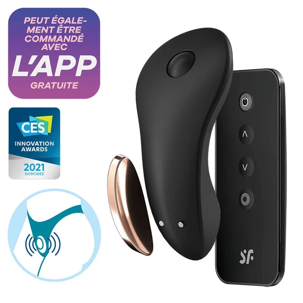Stimulateur clitoridien connecté noir avec télécommande, élégant et innovant.