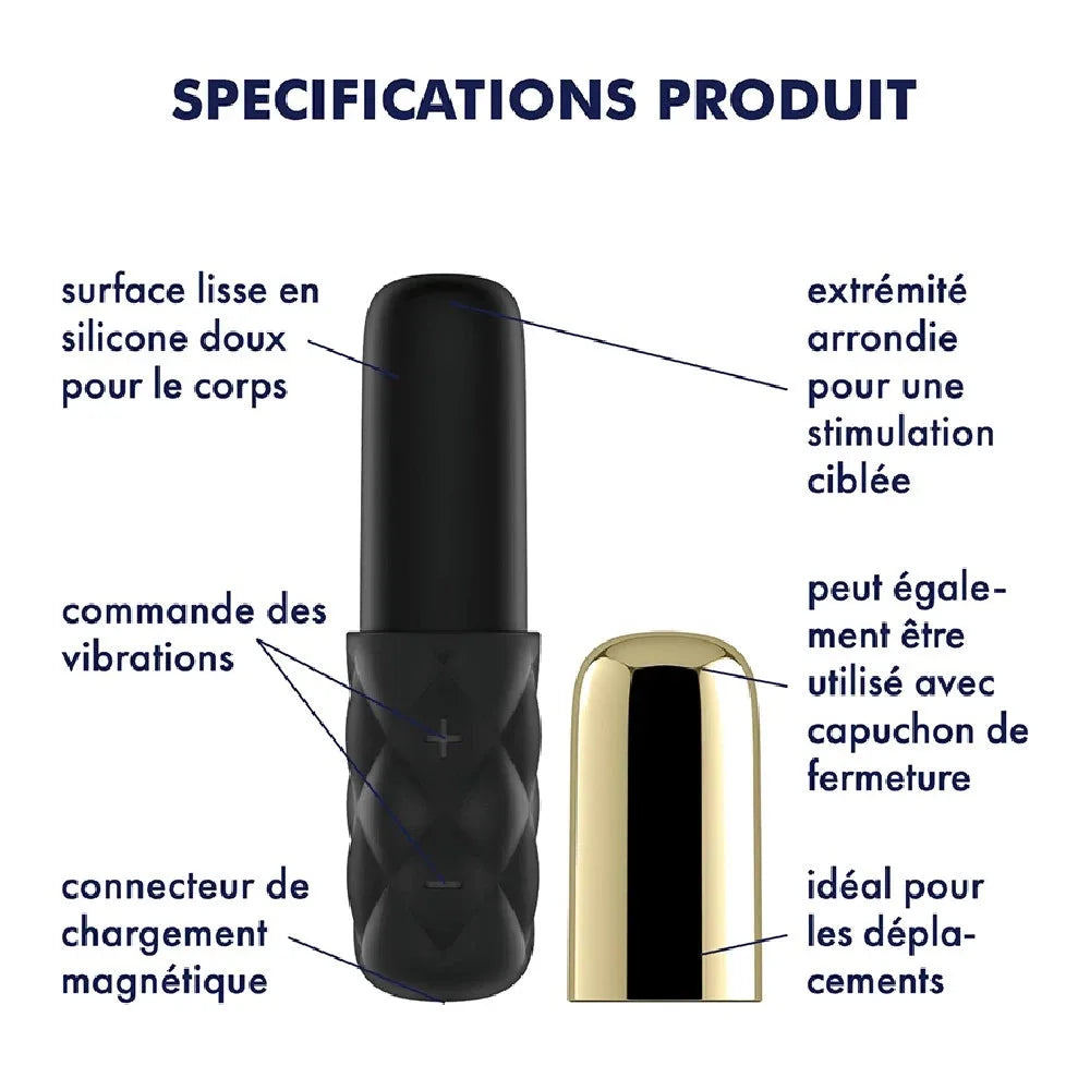 Stimulateur intime noir élégant, silicone doux, vibrations réglables, rechargeable, idéal pour déplacements.