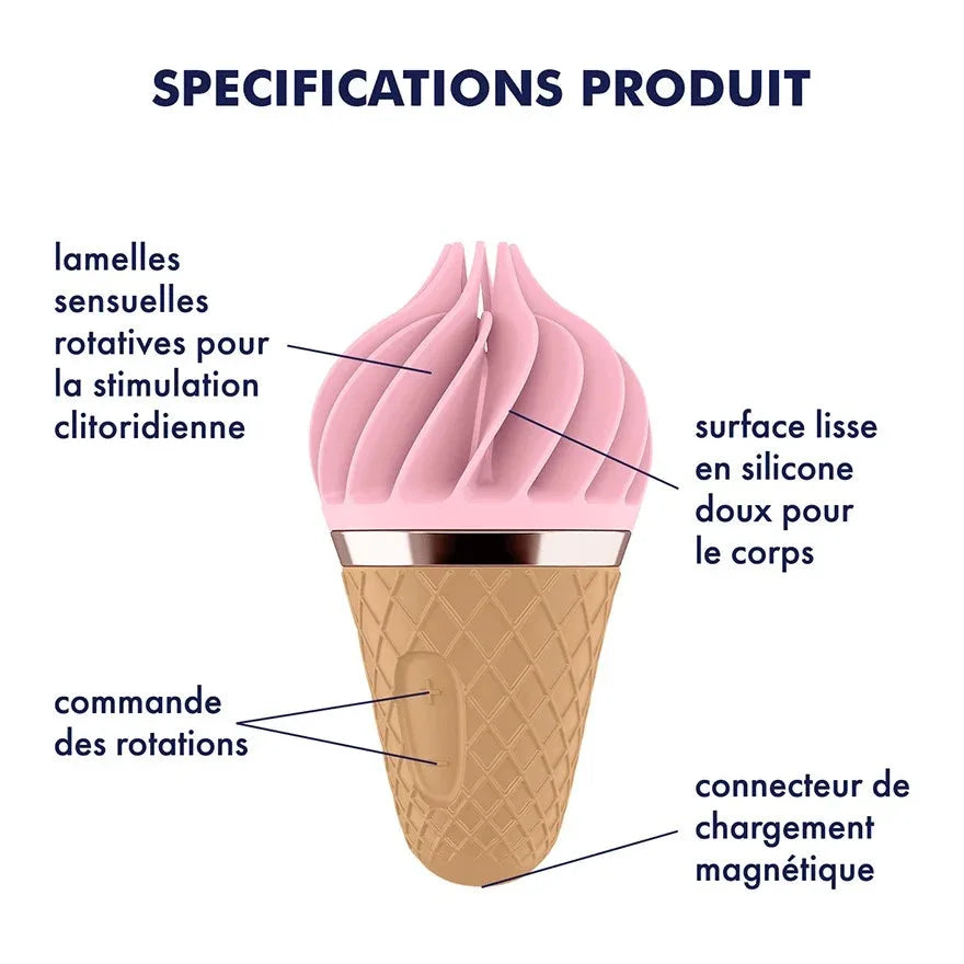 Stimulateur clitoridien rose en silicone doux, rotatif et rechargeable, design gourmand.