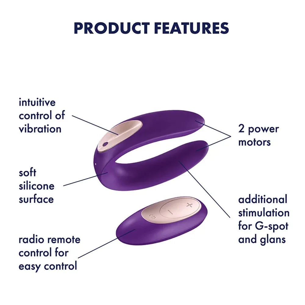 Stimulateur couple violet en silicone doux avec télécommande, 2 moteurs, stimulation du point G et du gland.