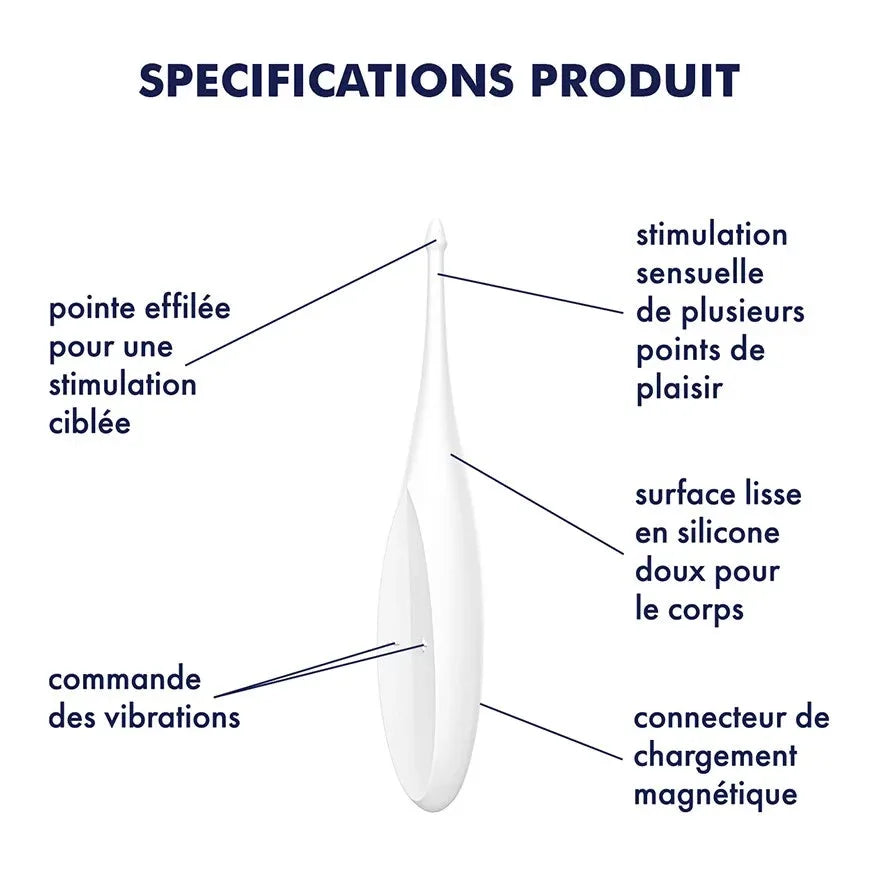Stimulateur intime blanc en silicone, rechargeable USB, silhouette effilée pour une stimulation ciblée et vibrations multiples.