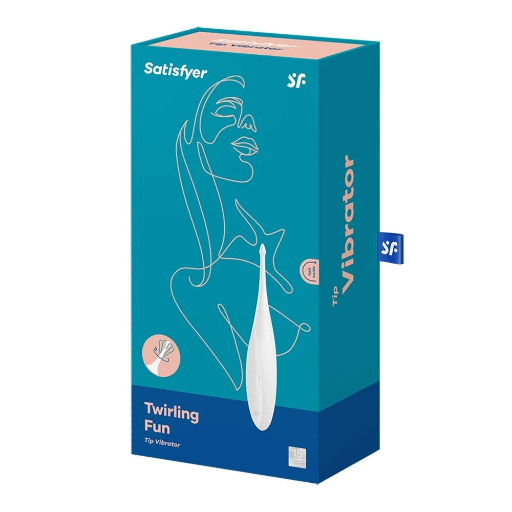 Stimulateur intime compact blanc USB, Satisfyer Twirling Fun, précis et polyvalent pour une expérience personnalisée.