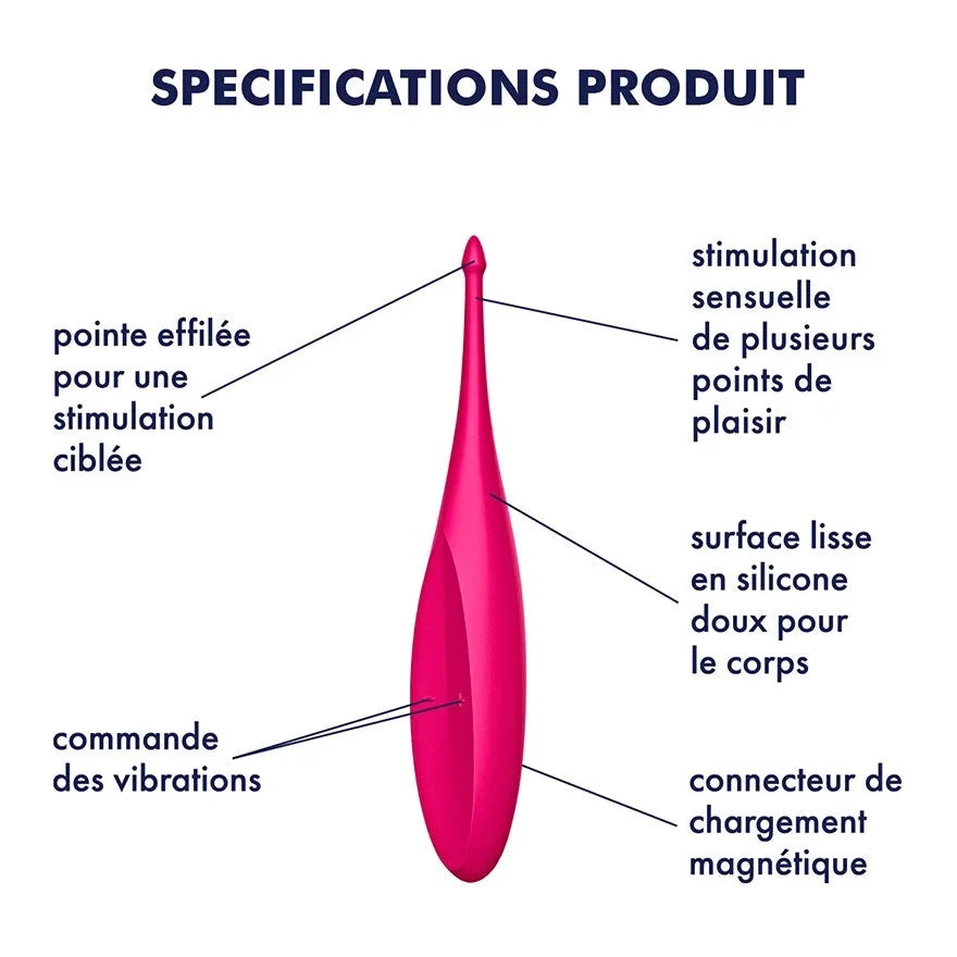 Stimulateur en silicone rose, pointe effilée, vibrations puissantes, étanche, recharge USB, plaisir ciblé.