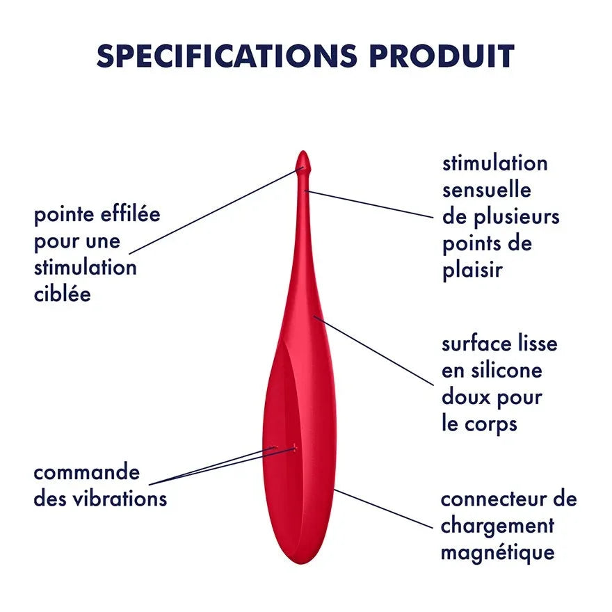 Stimulateur rouge en silicone lisse avec pointe effilée, idéal pour une stimulation ciblée et sensorielle.