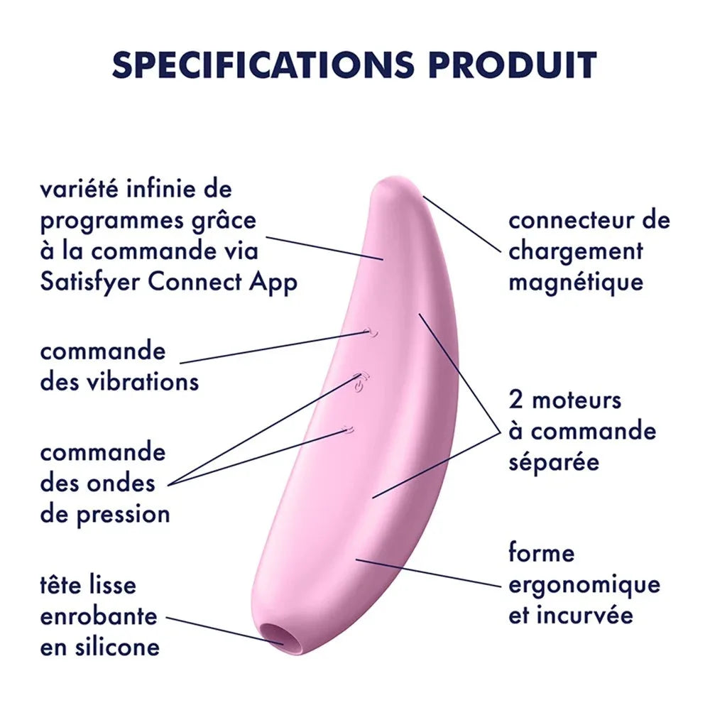 Stimulateur intime connecté rose ergonomique avec vibration et ondes de pression, commandes séparées via appli.