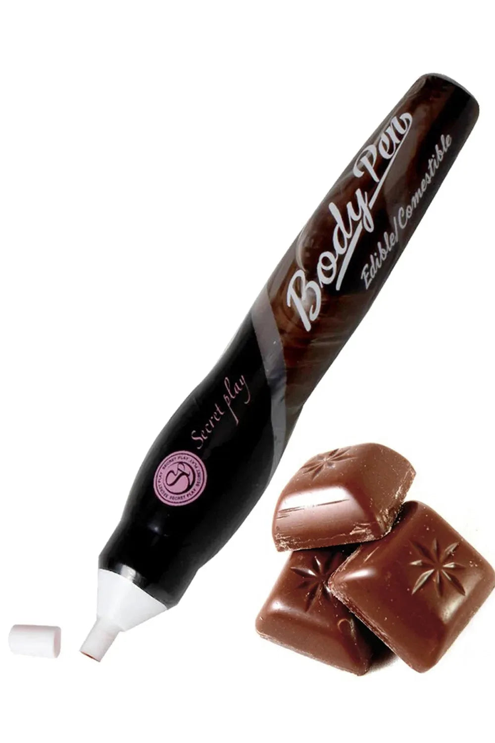 Stylo corporel chocolat comestible pour jeux intimes sensuels, idéal pour pimenter vos moments à deux.