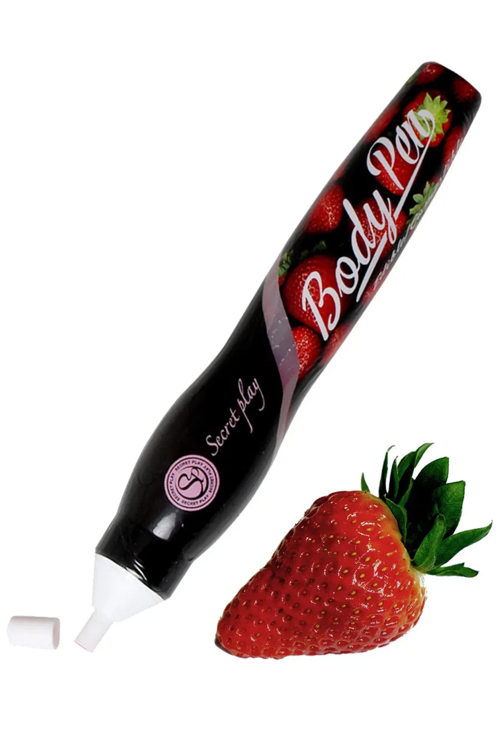 Stylo corporel comestible à la fraise pour massages sensuels et jeux intimes.