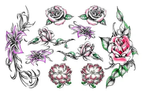 Tatouages éphémères floraux élégants, design rose et lilas, idéals pour un style romantique et audacieux.