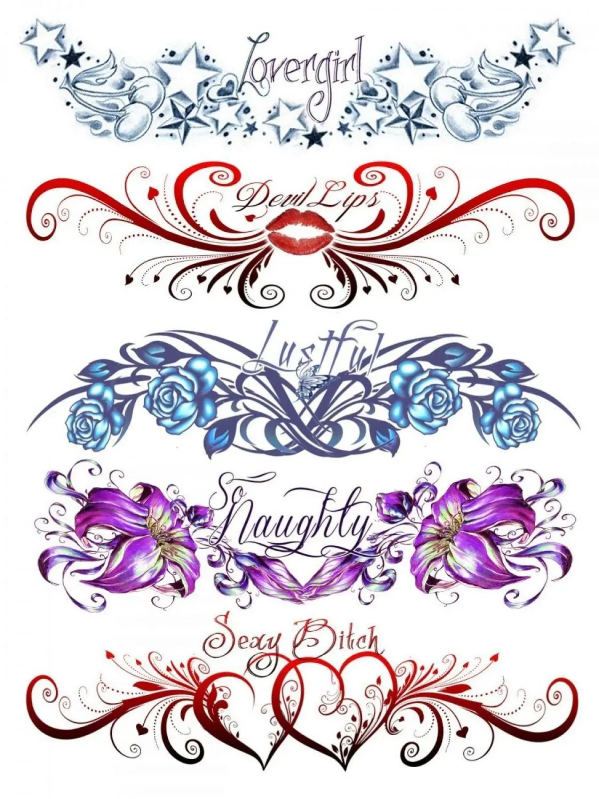 Tatouages éphémères sexy avec motifs floraux et textes sensuels, parfaits pour soirées intimes et occasions spéciales.