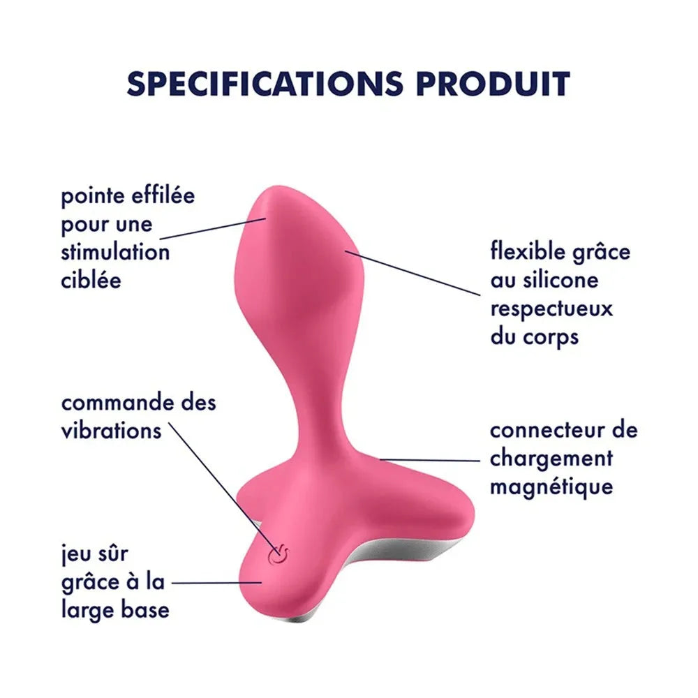 Vibromasseur anal rose en silicone flexible, USB rechargeable, pointe effilée, base large pour utilisation sécurisée.