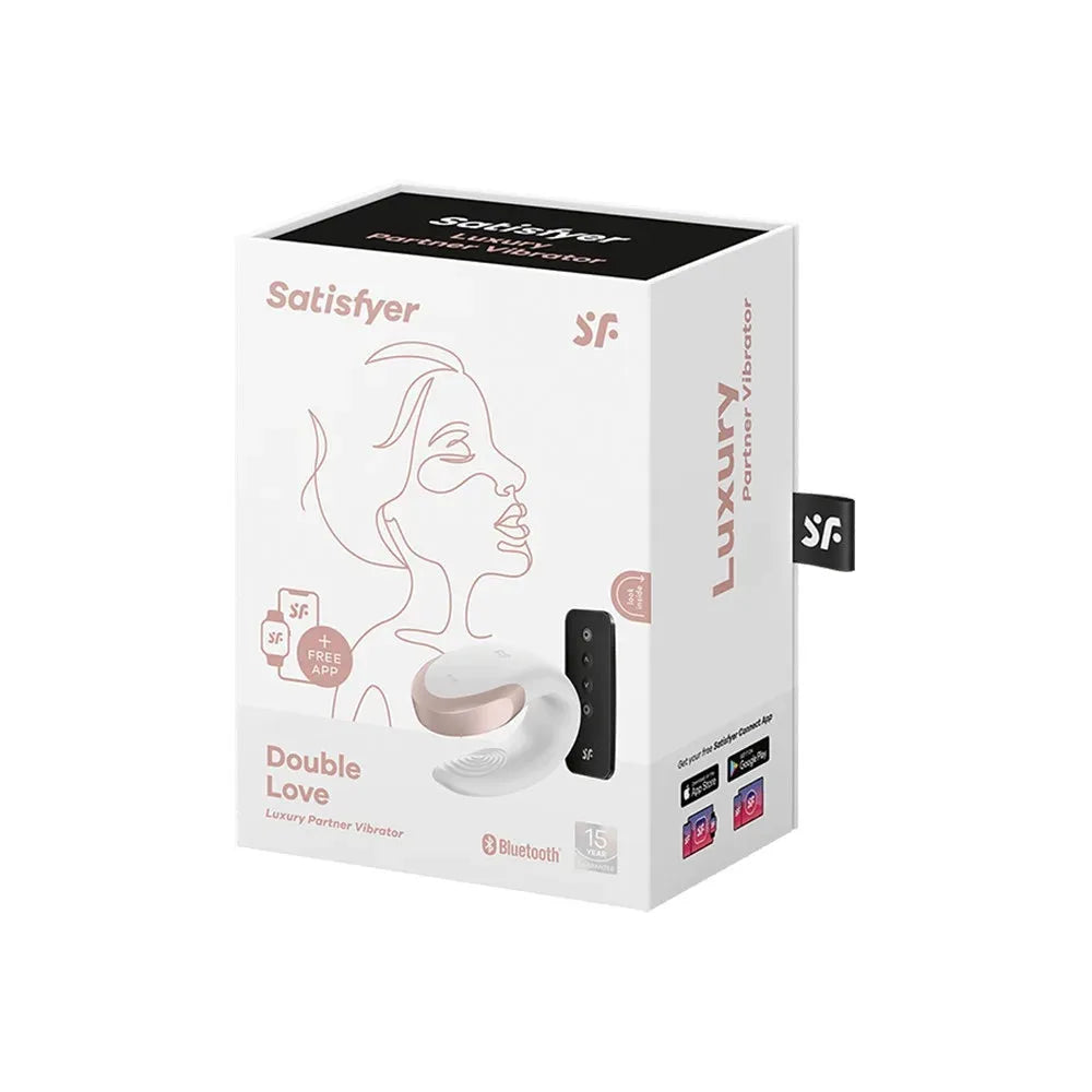 Vibromasseur connecté blanc avec télécommande, Satisfyer Double Love, design élégant pour couples, application Bluetooth intégrée.