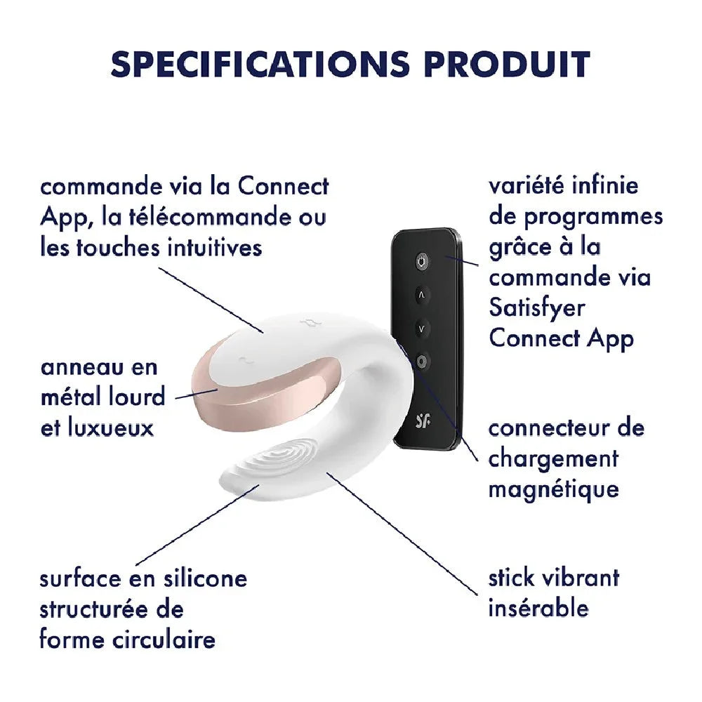 Vibromasseur en silicone connecté avec télécommande, anneau luxueux, idéal pour couples.