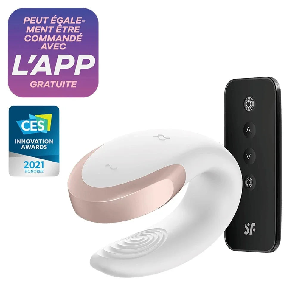 Vibromasseur connecté blanc pour couple, contrôle à distance, compatible app, design élégant, primé CES Innovation Awards.