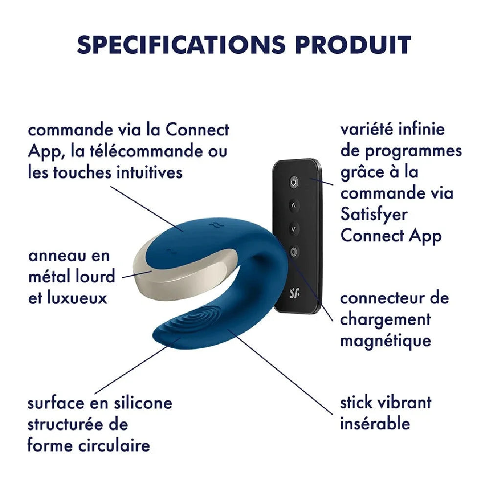 Vibromasseur connecté en silicone bleu avec télécommande, anneau métal, compatible Satisfyer App.