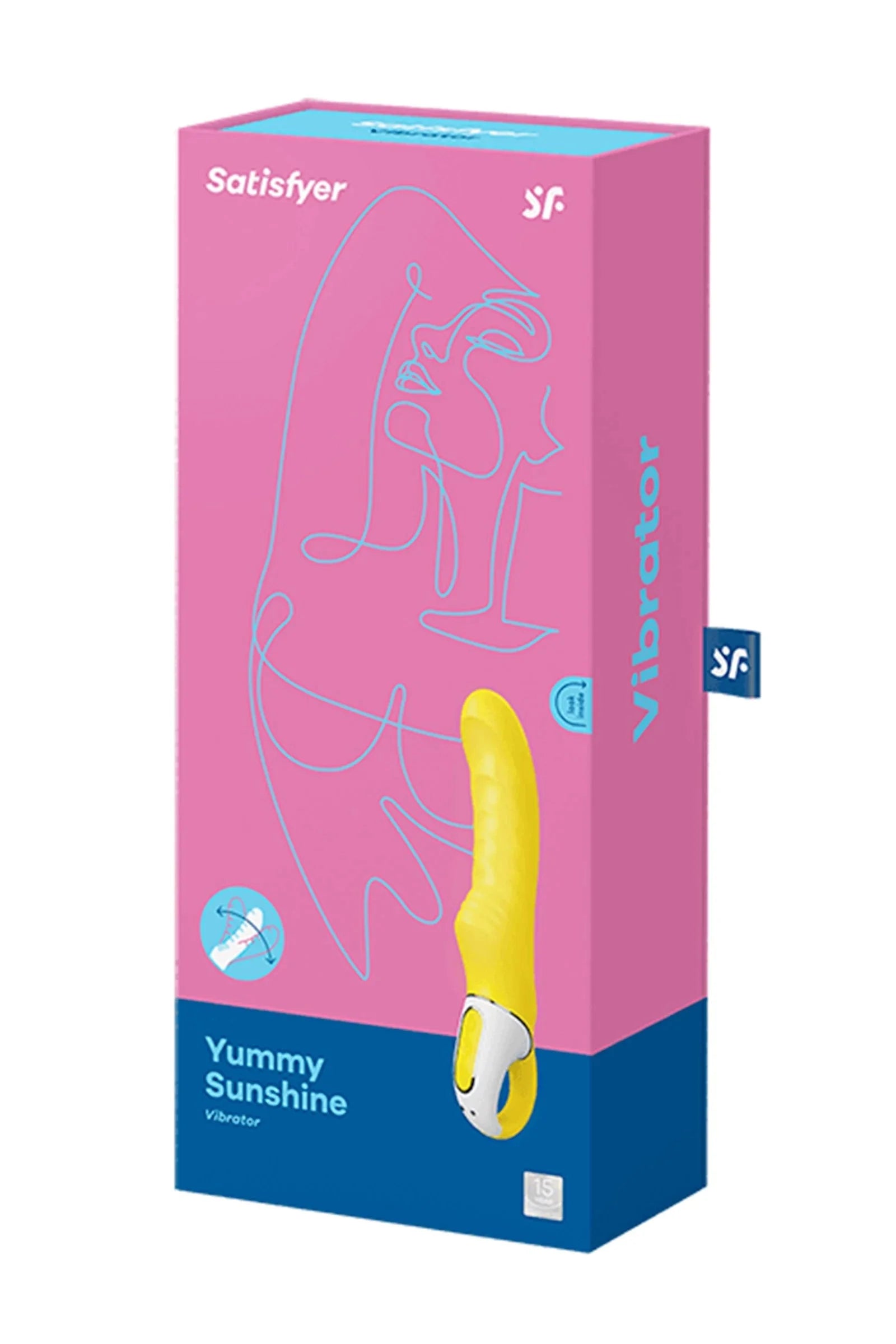 Vibromasseur jaune en silicone waterproof, rechargeable USB, design ergonomique.