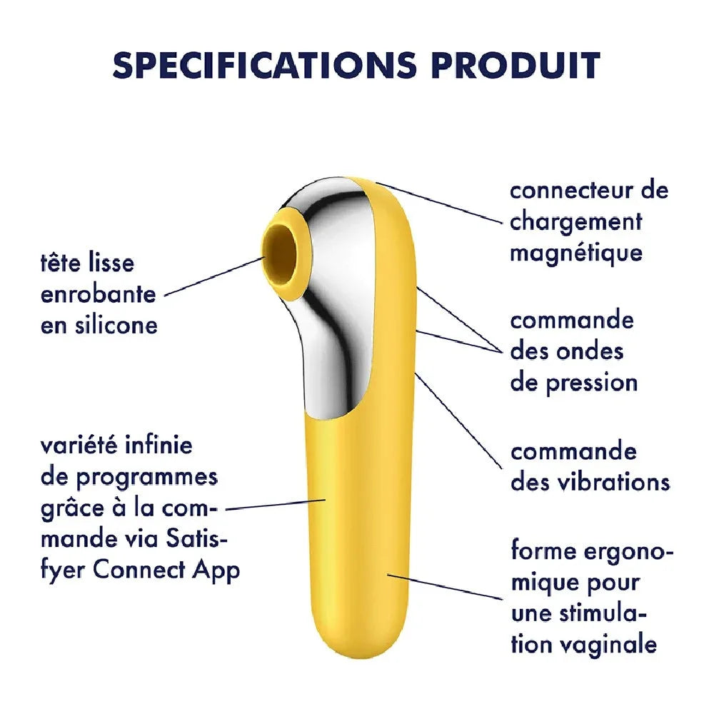 Vibromasseur clitoridien ergonomique jaune, silicone, compatible app, ondes de pression et vibrations variées Satisfyer.