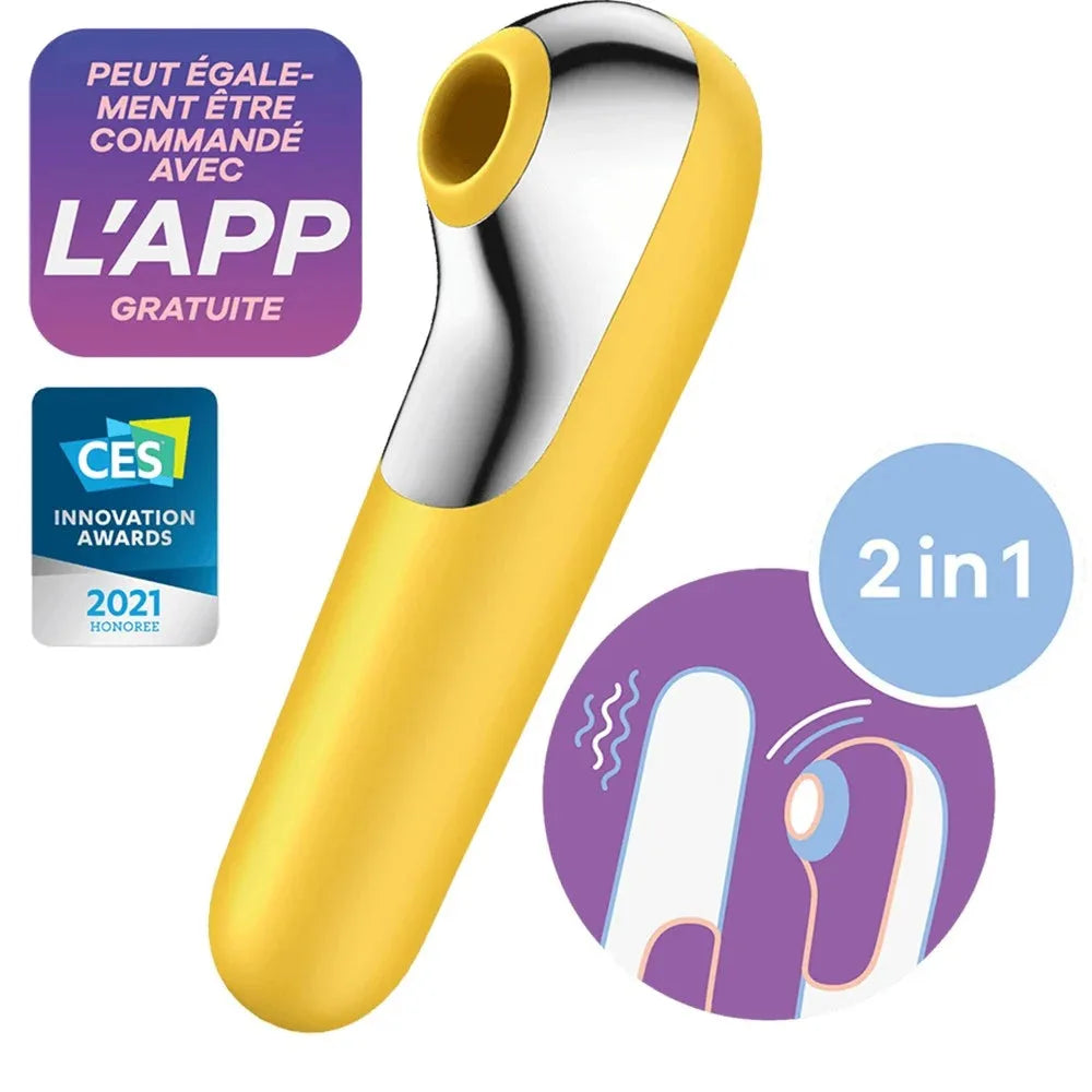 Stimulateur clitoridien jaune 2 en 1, design innovant, compatible app, primé CES 2021 pour plaisir personnalisé.