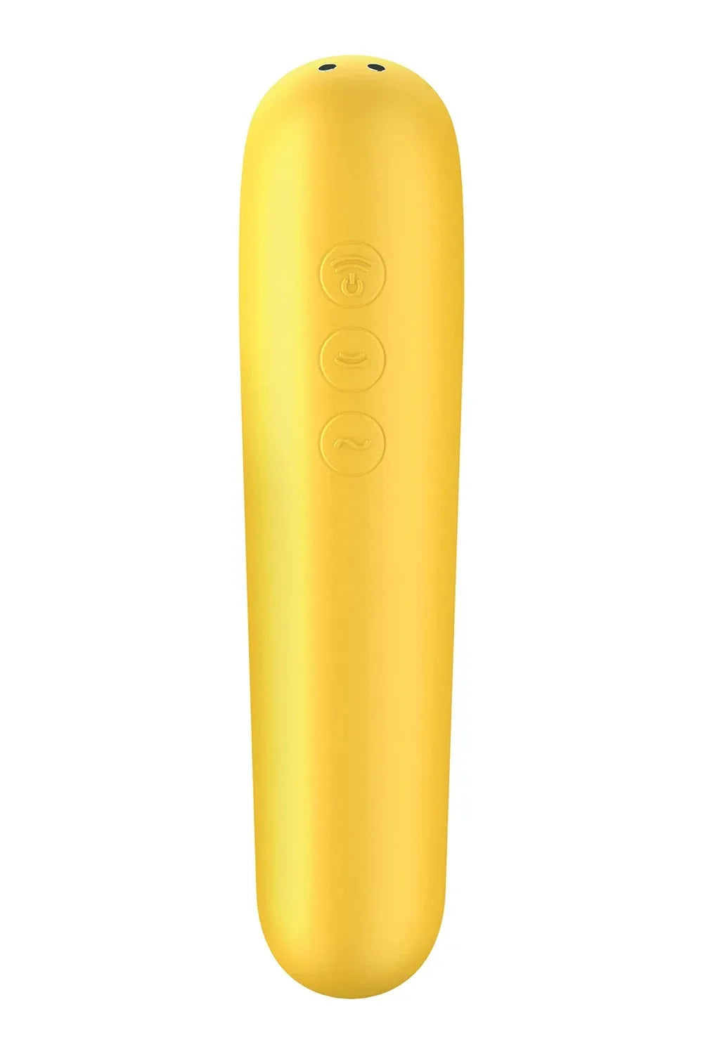 Vibromasseur clitoridien jaune élégant en silicone pour stimulation duale et sensations intenses.