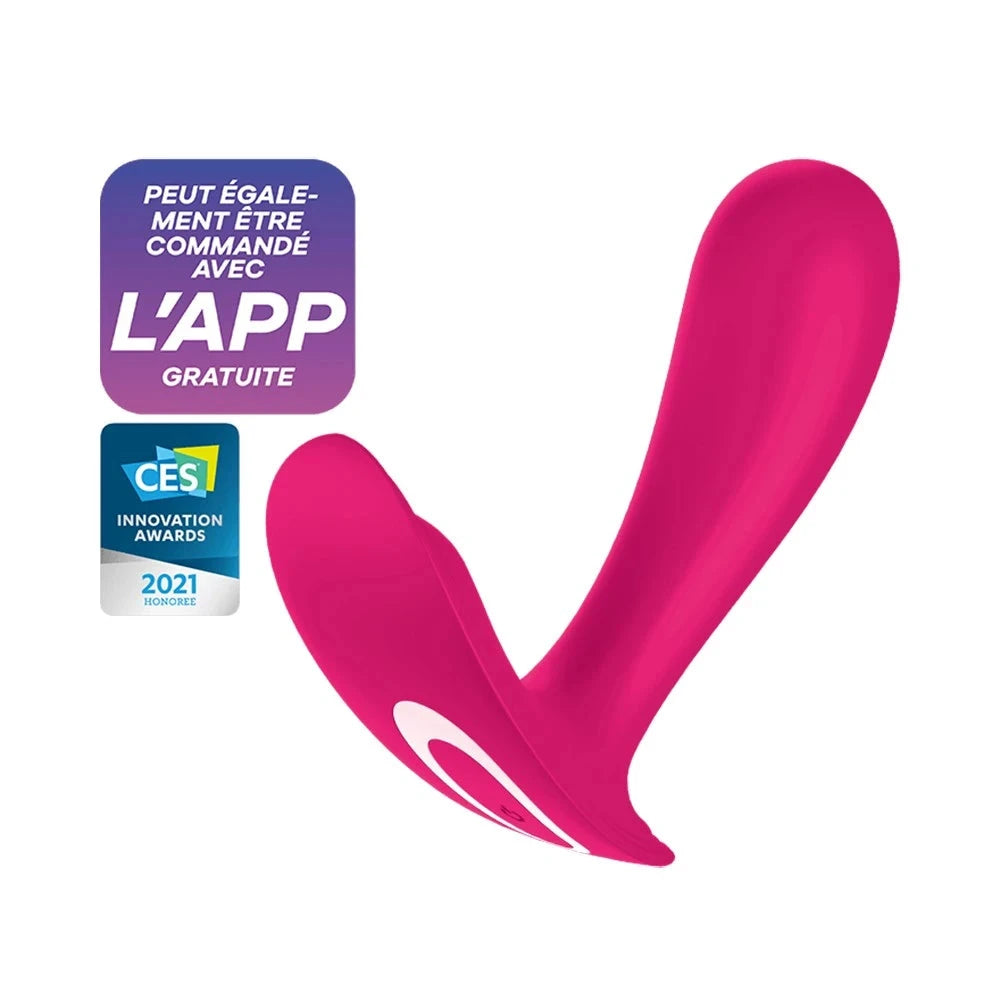 Vibromasseur clitoridien connecté rose, silicone doux, compatible application, primé CES 2021, plaisir innovant.