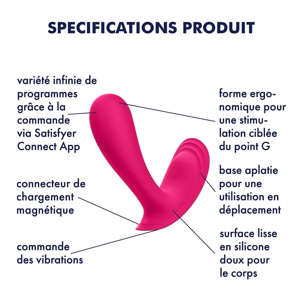 Vibromasseur clitoridien rose connecté en silicone, ergonomique et waterproof, commande via l'application Satisfyer.