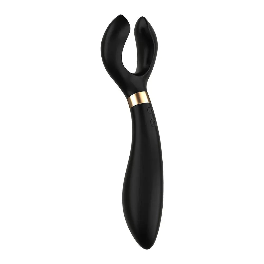 Vibromasseur multifonction noir en silicone doux avec anneau doré, idéal pour explorations sensuelles.