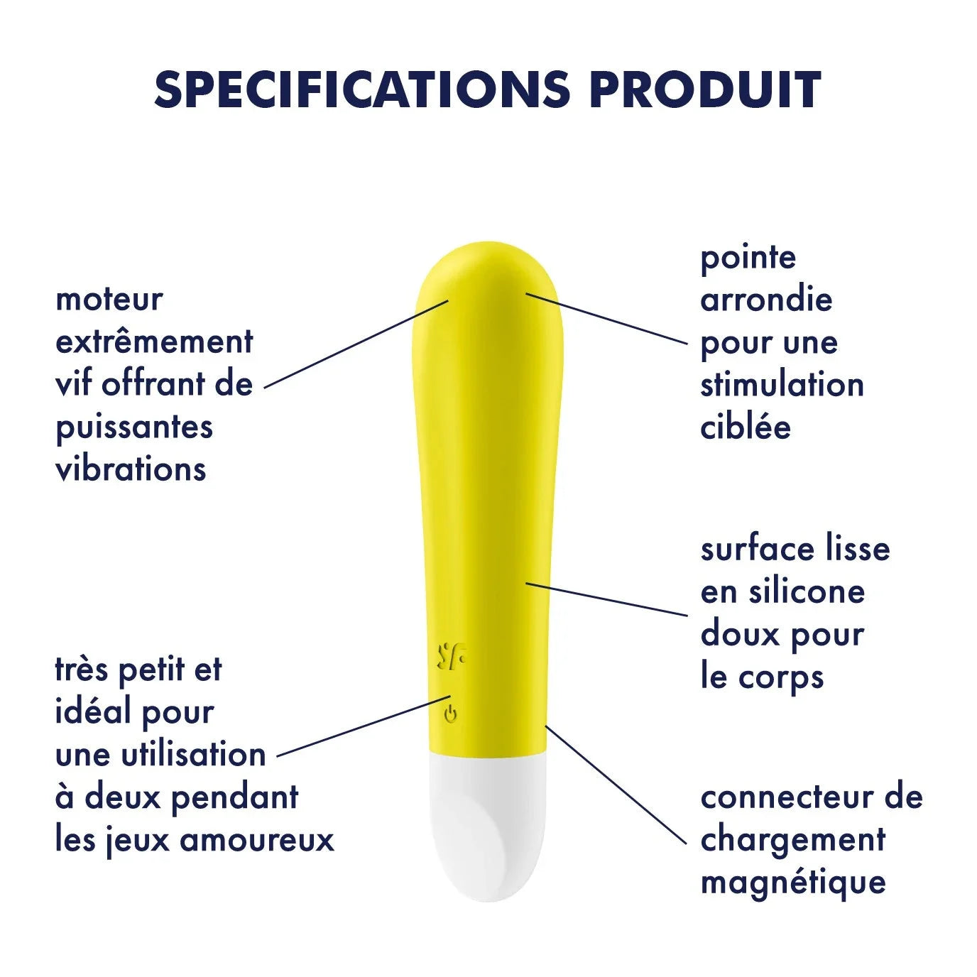 Vibromasseur jaune silicone doux avec vibrations puissantes, design compact pour utilisation en couple, USB rechargeable.
