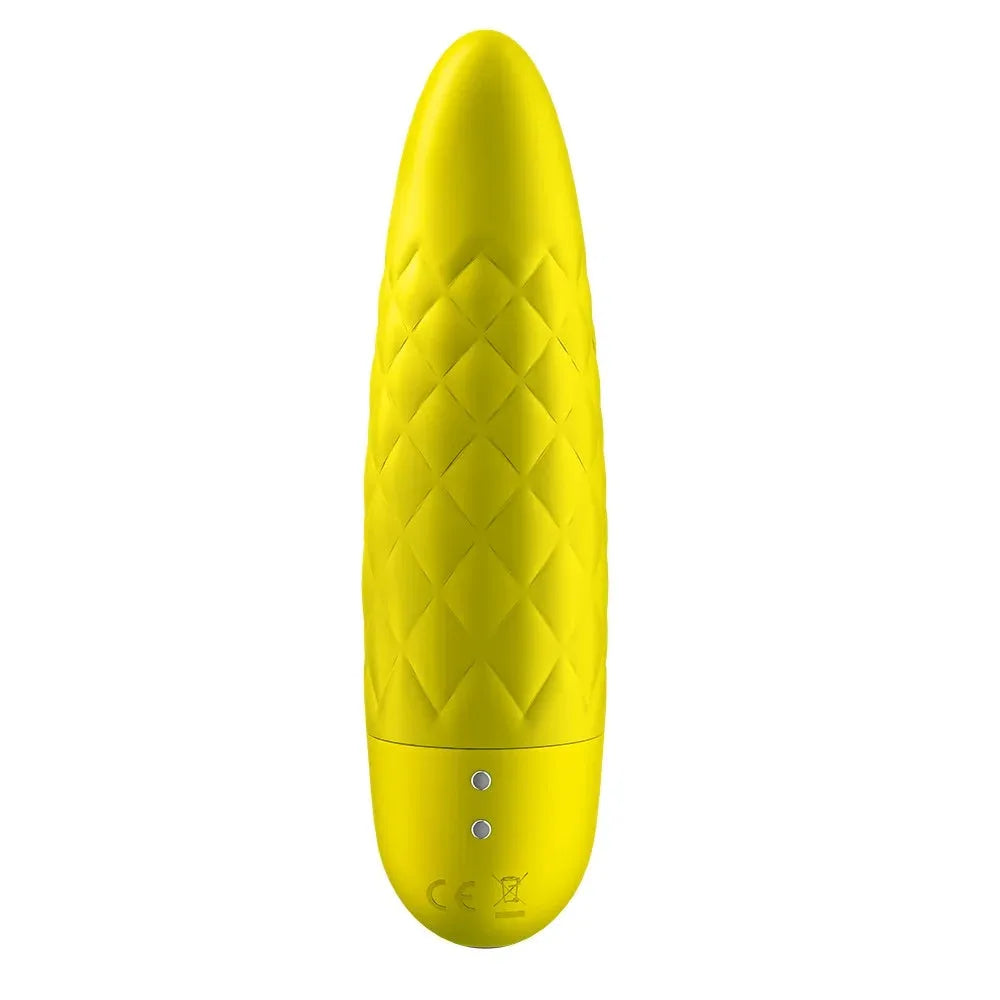 Vibromasseur jaune puissant et compact, texture diamant, rechargeable USB, idéal pour des moments intimes subtils.