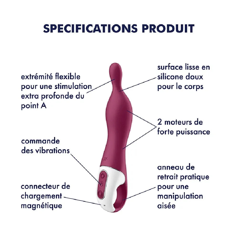 Vibromasseur framboise en silicone doux, stimulation point A, 2 moteurs puissants, étanche et ergonomique.