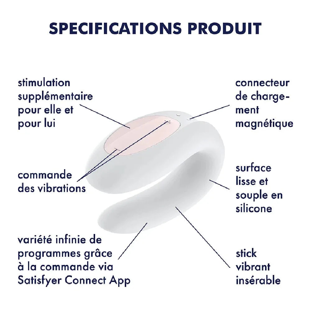 Vibromasseur couple Satisfyer Double Joy en silicone, connectivité app, design ergonomique, charge magnétique.