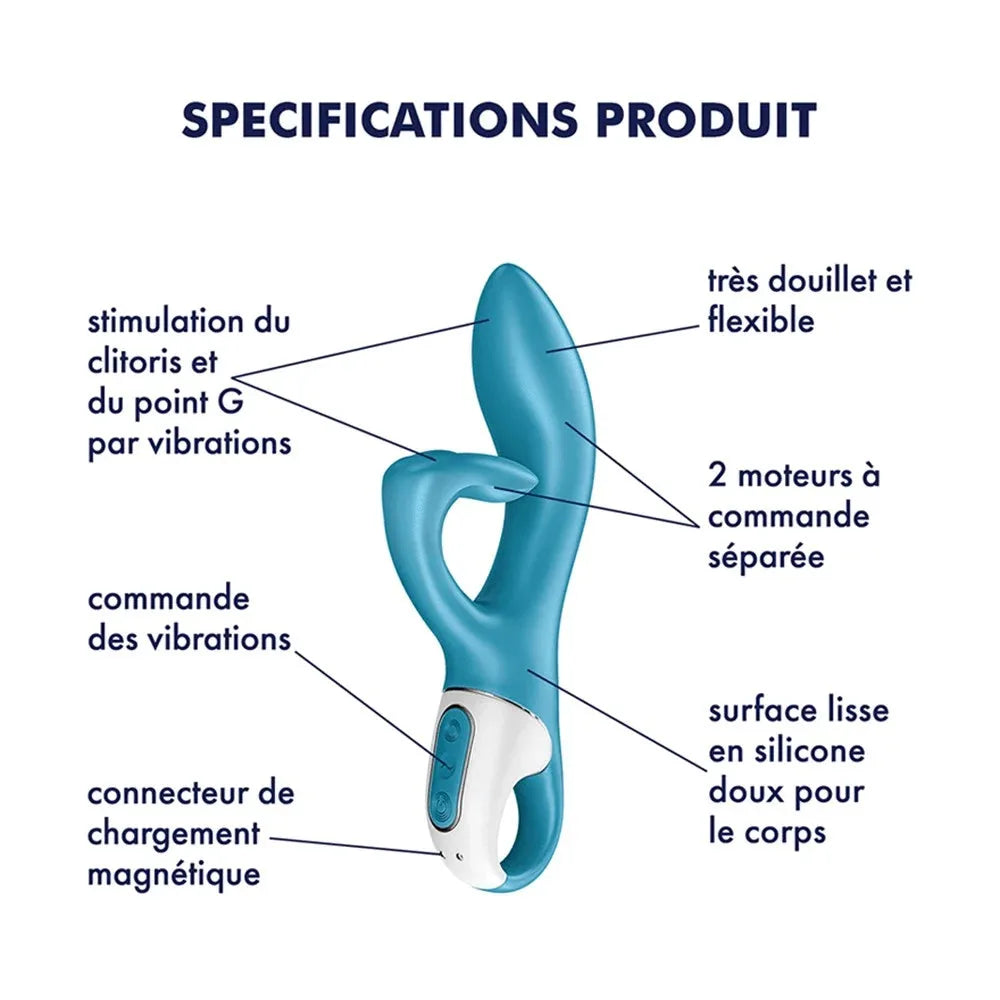 Vibromasseur Rabbit bleu en silicone doux, stimulation clitoris et point G, double moteur, étanche, recharge magnétique USB.