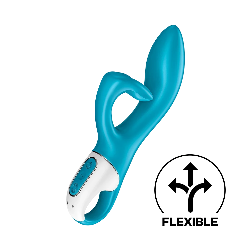 Vibromasseur rabbit bleu USB, silicone doux, étanche, plaisir intime.