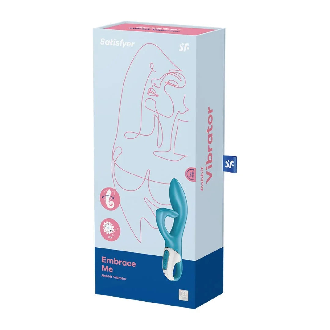 Vibromasseur rabbit bleu en silicone, rechargeable USB, Satisfyer Embrace Me, intime et waterproof.
