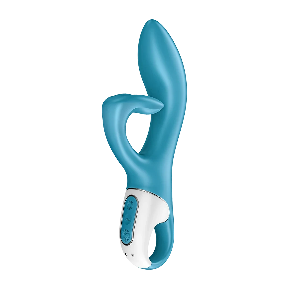 Vibromasseur rabbit bleu, silicone doux, étanche, rechargeable USB pour plaisir intense.