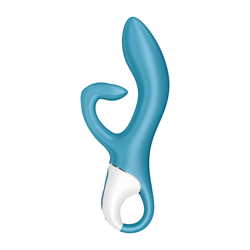 Vibromasseur rabbit bleu, silicone doux, recharge USB, stimulation clitoridienne intense.